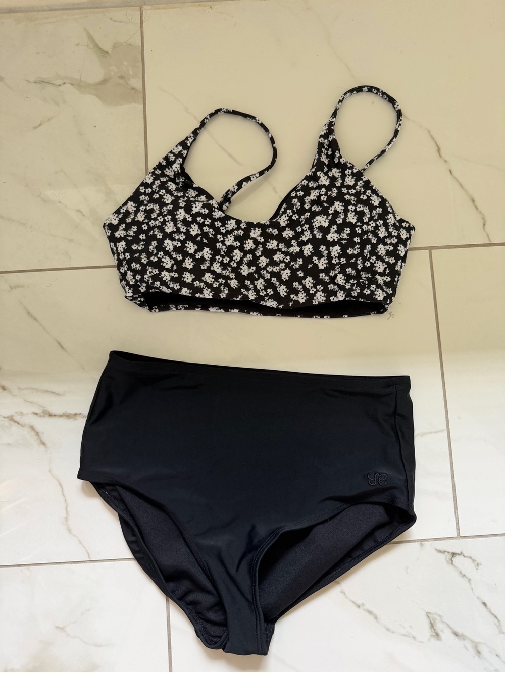 Albion fit Black Floral Bikini Set - Daisy Print Top with Solid Black Bottoms